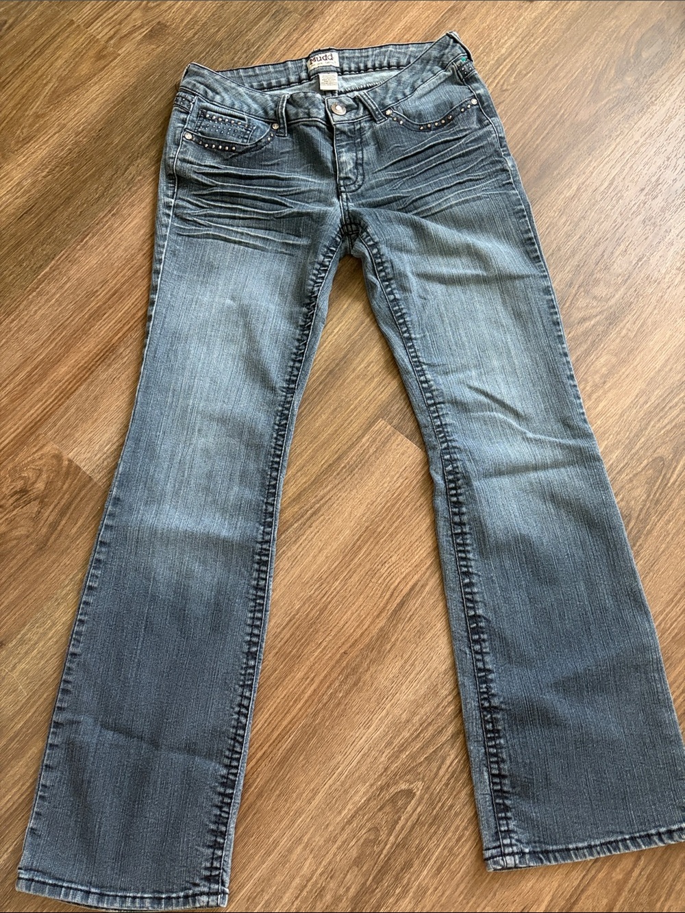 Mudd Women's Medium Blue Flare Jeans with Studded Pocket Detail